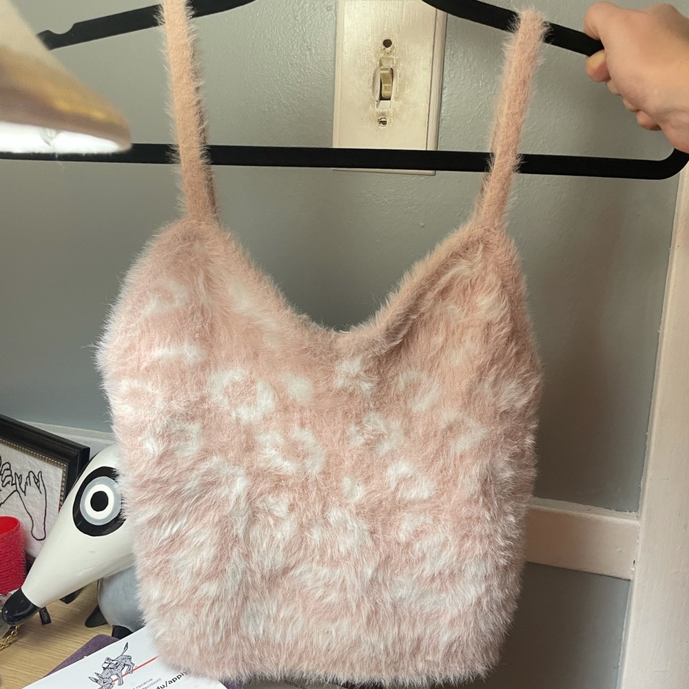 light pink and white furry crop top (SO COMFY I LOVE THIS TOP) sad to see it go